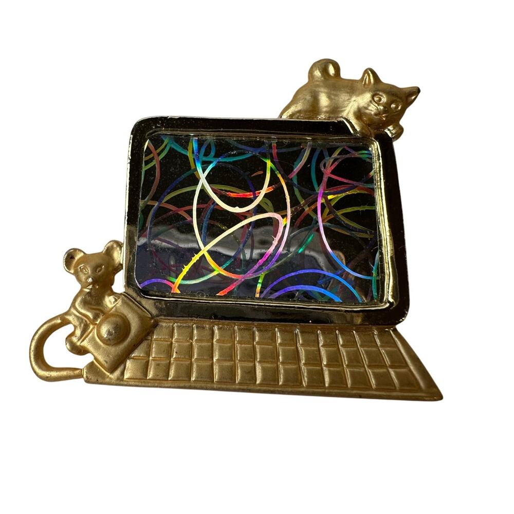 Vintage L. Razza Goldtone Retro Computer Cat + Mouse Hologram Screen Brooch 2"